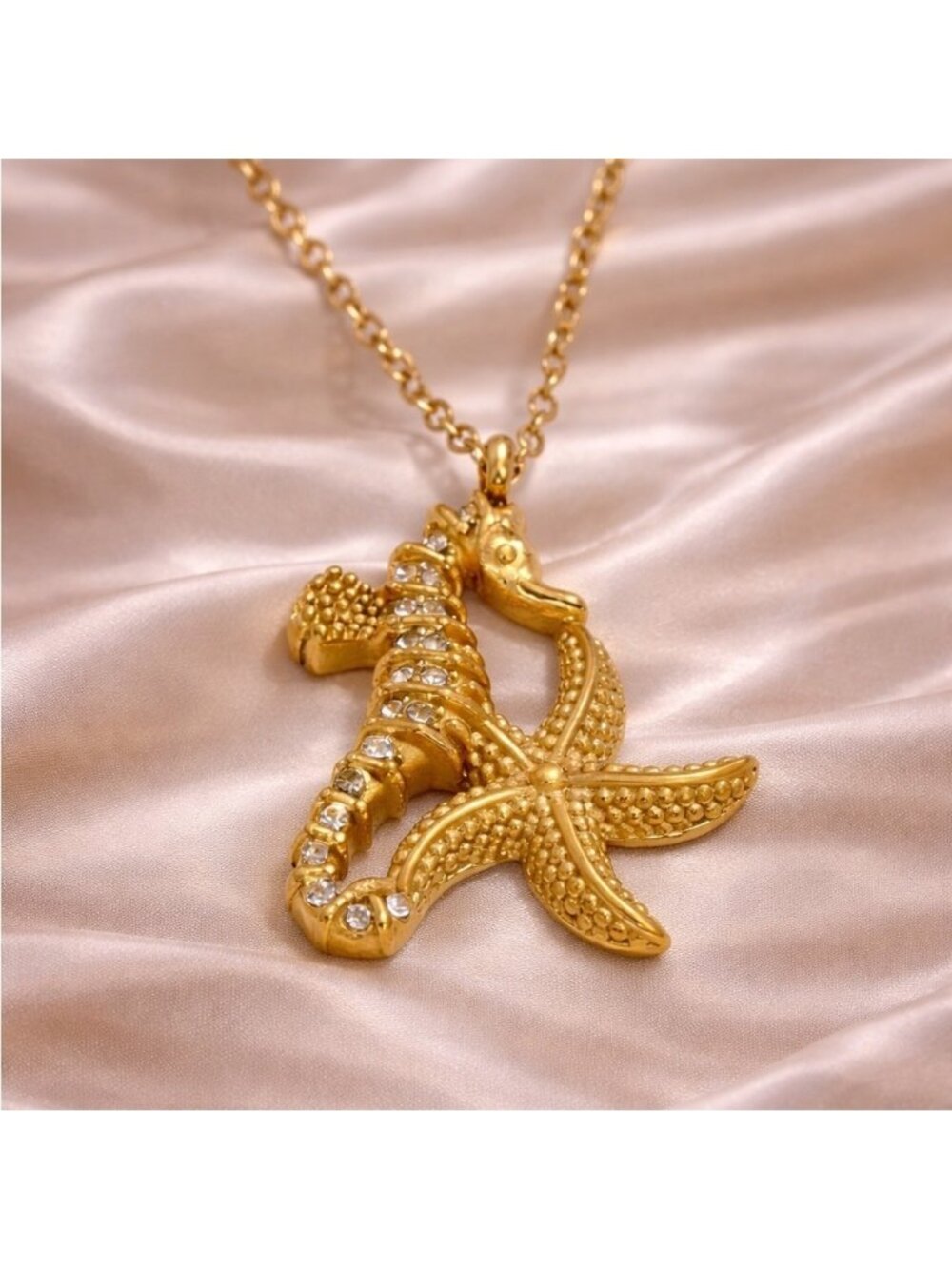 Seahorse Starfish Crystal 18K Gold Stainless Steel Waterproof Necklace